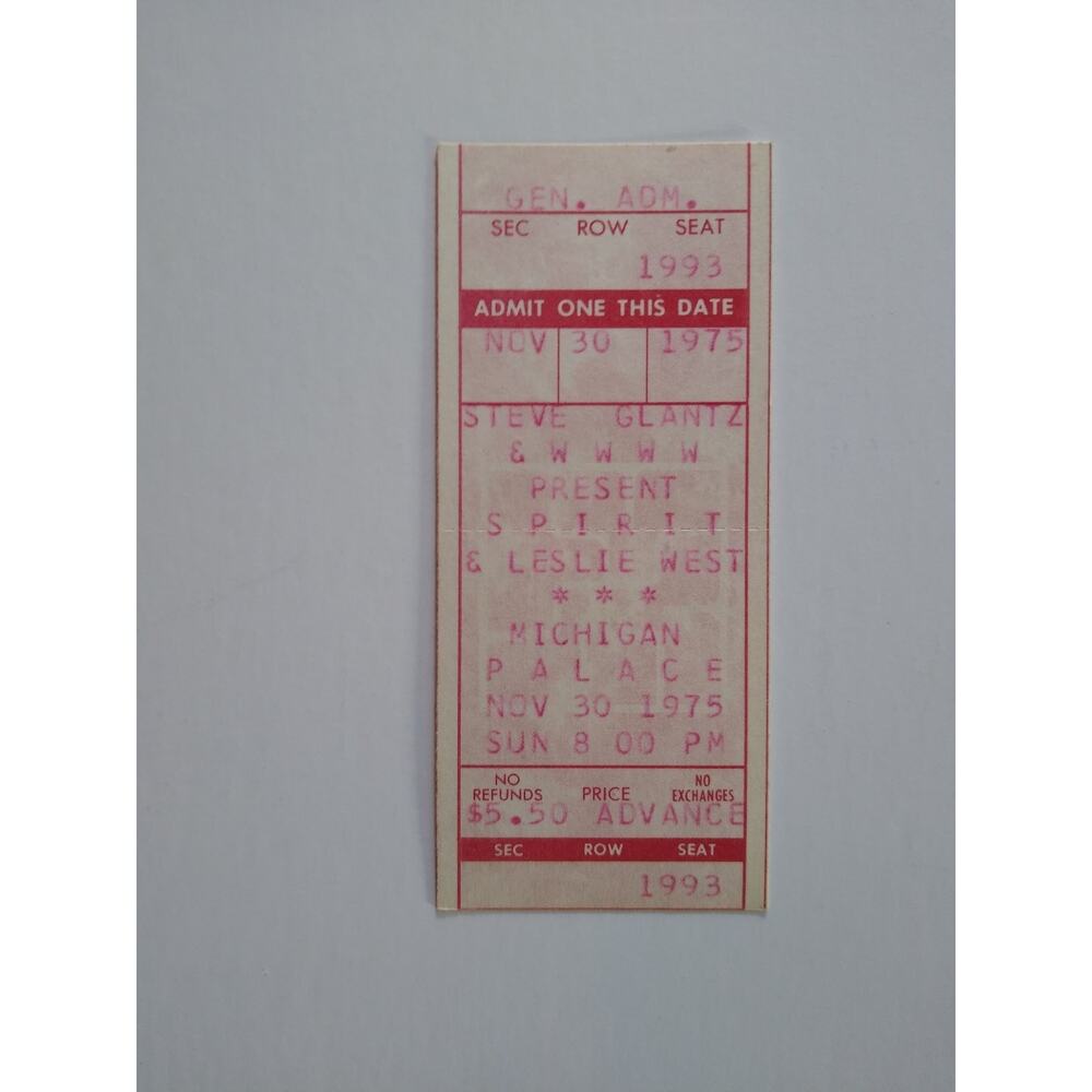 Vintage 1975 Spirit Leslie West Concert Ticket Michigan Palace Rock 1970s